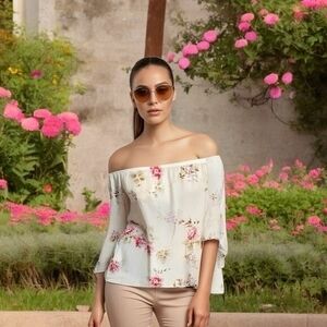 FEVER Womens Floral Print Blouse S White Multicolor Off Shoulder Bell Sleeve NWT